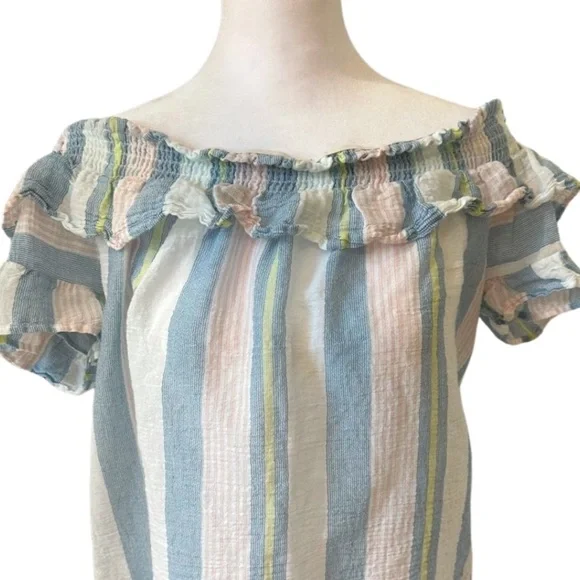 Socialite Pink, White, Yellow, Blue Striped off the Shoulder Crop Top-Sz Large - Picture 3 of 6